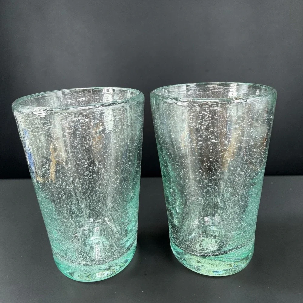 Pier 1 Seeded Bubble Glass Tumblers Aqua Light Green Set of 2 Shot Glasses VTG